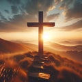 Christian cross on hill outdoors at sunrise Royalty Free Stock Photo