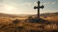 Christian cross on hill outdoors at sunrise Royalty Free Stock Photo
