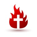 Christian cross icon in fire shape. Religion symbol. Vector illustration Royalty Free Stock Photo