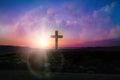 Christian cross outdoors at sunrise. Resurrection of Jesus