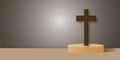 Christian cross with podium on dark background. Concept of faith symbol, Christianity, Christian Easter, Eternal life of soul. Royalty Free Stock Photo