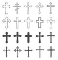 Christian cross set. Catholic and orthodox crucifix crosses. Divine religion, faith pray and church outline vector