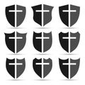 Christian cross and shield of faith. Christian church vector logo. Missionary icon. Religious symbol. Protection, safety