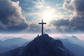 Christian cross shining in mountain and sky, AI generated