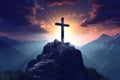 Christian cross shining in mountain and sky, AI generated