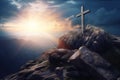 Christian cross shining in mountain and sky, AI generated