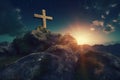 Christian cross shining in mountain and sky, AI generated