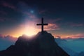 Christian cross shining in mountain and sky, AI generated