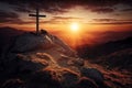 Christian cross silhouette at sunset. Mountain landscape. Easter wallpapers Royalty Free Stock Photo