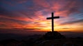 Christian cross silhouette at sunset. Mountain landscape. Easter wallpapers Royalty Free Stock Photo