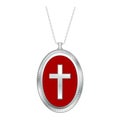 Christian Cross Silver Engraved Lavaliere Necklace, crimson background, Silver Chain Royalty Free Stock Photo
