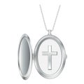Christian Cross Silver Engraved Open Locket with Silver Chain Necklace Royalty Free Stock Photo