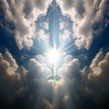 Christian cross in the sky with clouds and sunbeam Generative AI Royalty Free Stock Photo