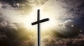 Christian Cross in the sky . Dark sky with sun . God rays Royalty Free Stock Photo