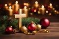 a Christian cross standing amidst beautiful Christmas decorations in a serene and meaningful scene.