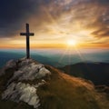 A Christian cross on a mountaintop with a beautiful sunrise. A generative AI image of a peaceful spiritual scene.