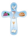 Christian cross symbols - white chalice, grapes, bread, bible, dove, candle, ears of wheat on blue background