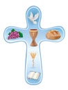 Christian cross symbols - wooden chalice, grapes, bread, bible, dove, candle, ears of wheat on blue background Royalty Free Stock Photo