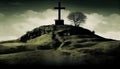 Christian cross on top of a green hill with dramatic skies