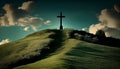 Christian cross on top of a green hill with dramatic skies