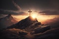 Christian cross on top of a mountain. Sunset landscape. Easter wallpapers Royalty Free Stock Photo