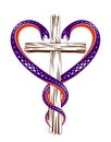 Christian cross and two snakes in a shape of heart, religion symbolism.