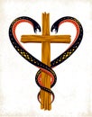 Christian cross and two snakes in a shape of heart, religion symbolism.