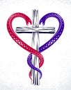 Christian cross and two snakes in a shape of heart, religion symbolism.