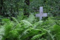 Christian cross in wild thickets of green vegetation in the old cemetery Royalty Free Stock Photo