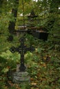 Christian cross in wild thickets of green vegetation in the old cemetery Royalty Free Stock Photo