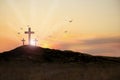 Christian crosses on hill outdoors at sunset. Crucifixion Of Jesus Royalty Free Stock Photo