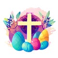 Christian Easter Cross with flowers in watercolor