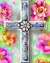 Christian Easter Cross with flowers in watercolor