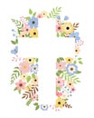 Christian floral cross. Colorful spring flowers. Easter holiday background