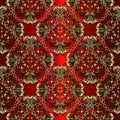 Christian gold crosses seamless pattern. Baroque style floral vector background. Repeat red backdrop. 3d ornament with chains.