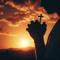Christian hands Pray silhouette on sun set closeup. ai generative Royalty Free Stock Photo