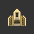Christian illustration. The building of the church and ripe ears of wheat, steps of salvation leading to the cross Royalty Free Stock Photo