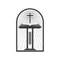 Christian illustration. Church logo. Bible pulpit and cross of Jesus Christ Royalty Free Stock Photo