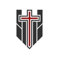 Christian illustration. Church logo. Cross on the background of the shield-fortress