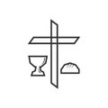 Christian illustration. Church logo. Cross of Jesus Christ, chalice of communion and bread