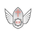 Christian illustration. Church logo. The cross of Jesus Christ and a crown of thorns, framed by the wings of the Spirit