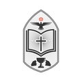 Christian illustration. Church logo. Cross of Jesus, Holy Writ, symbols of the sacrament and spirit