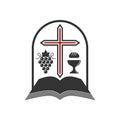 Christian illustration. Church logo. Cross, open bible, holy grail and vine