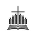 Christian Illustration. Church Logo. Open Bible, Ripe Ears Of Corn And The Cross Of Jesus