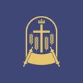 Christian illustration. Cross of Jesus Christ, crown, ears of wheat and an open scroll of Scripture Royalty Free Stock Photo