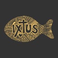 Christian illustration in a doodle style. Stylized word IXTUS - Jesus Christ, God`s Son, Savior.