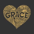 Christian illustration in a doodle style. The word Grace, a description of God`s grace and salvation. The heart is a symbol of God