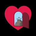 Christian illustration. The door of the heart is opened and through it is visible Golgotha and three crosses Royalty Free Stock Photo