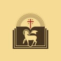 Christian illustration. Lamb of God on the background of the open book of life