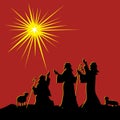 Christian illustration. Shepherds and the star of Bethlehem.